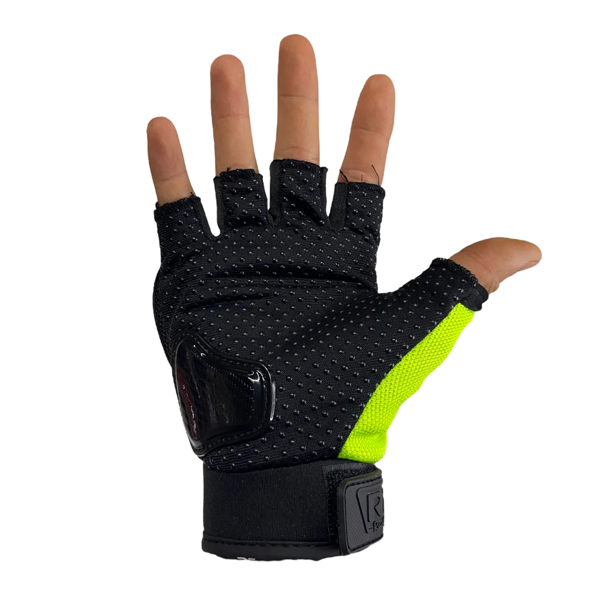 Guantes cortos negro/verde fluorescente R7 c/protección.